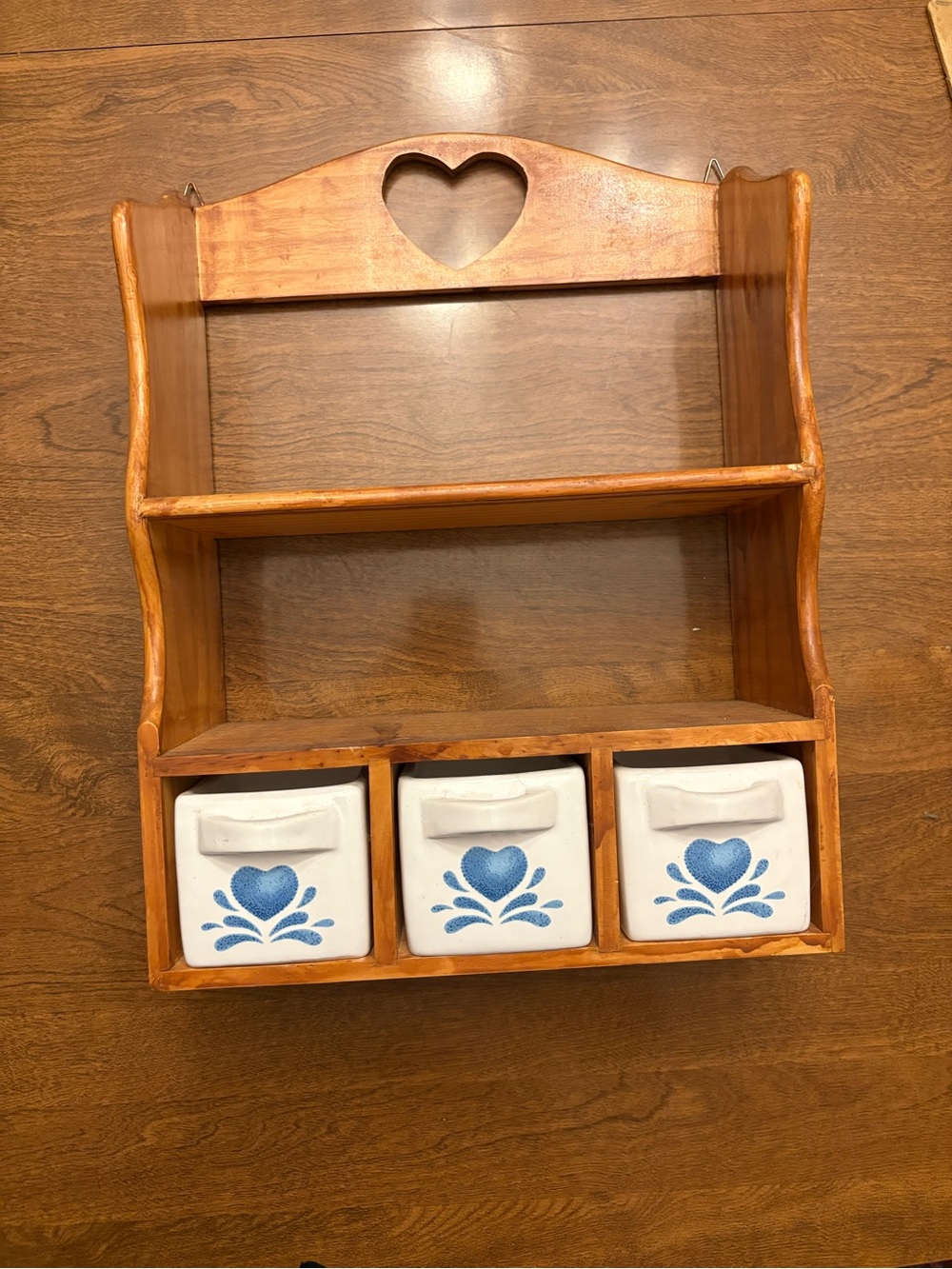 Vintage Corelle Blue Hearts Wood Spice Rack Shelf Ceramic Drawers Corning